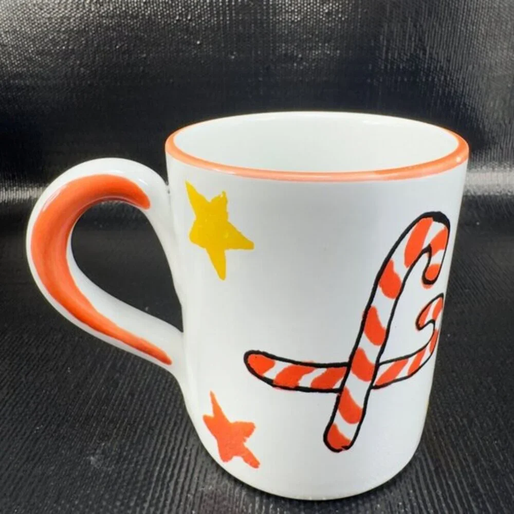 CIAO Italya by Bellini Hand Painted Coffee Mug Cup Yellow Bell Candy‎ Cane Mug